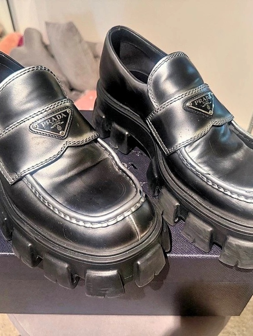 Prada Monolith Brushed Leather Loafers Black